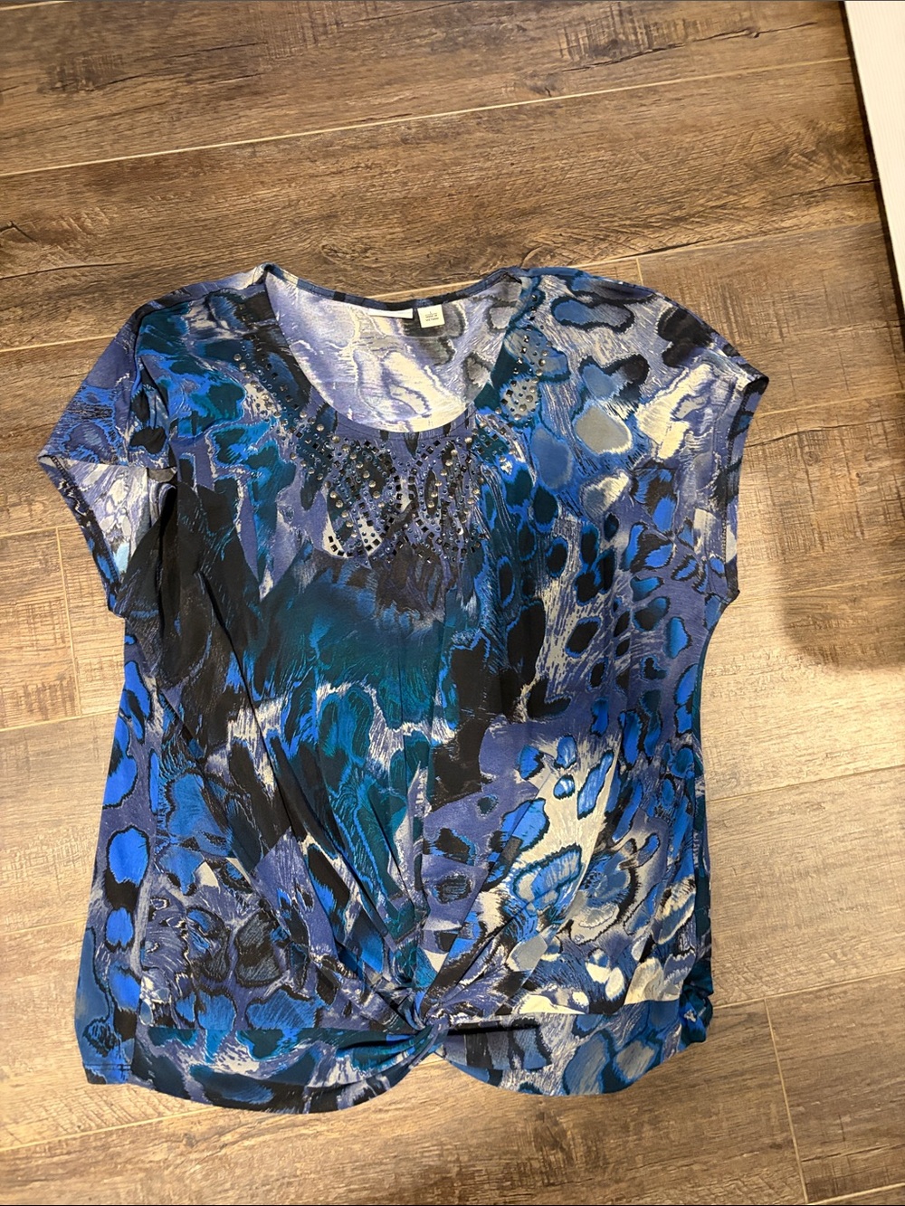 Cato Blue & Black Abstract Short Sleeve Twist-Front Top